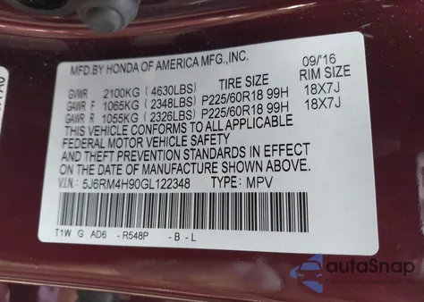 2016 Honda Cr-V Touring from USA, damaged, VIN 5J6RM4H90GL122348